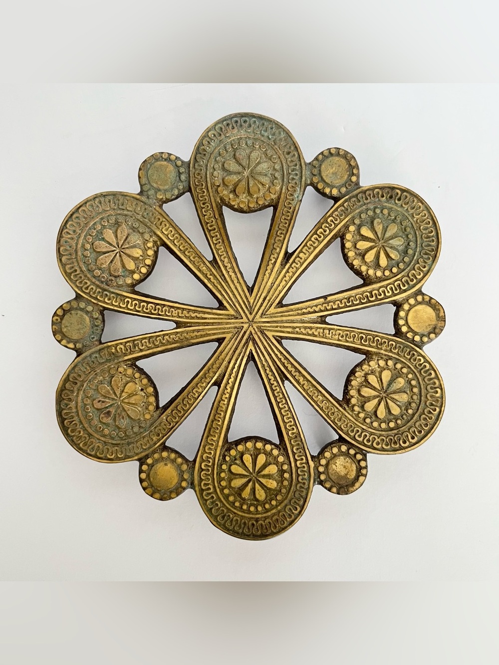 Vintage Solid Brass Trivet Plant Stand Filigree Ornate Made in Isreal